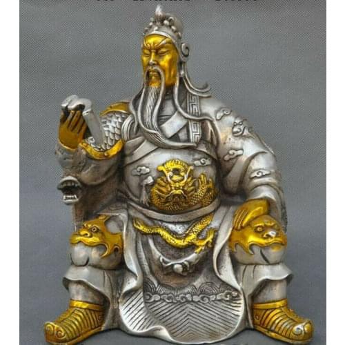 Old China Silver Dragon Military saint guangong guanyu Generals Read book Statue