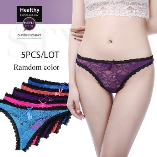 Innsly 5Pieces/Lot Thongs Women Sexy Lace G-string Soft Thongs Transparent Women G-string Double Cotton Crotch Women Panties