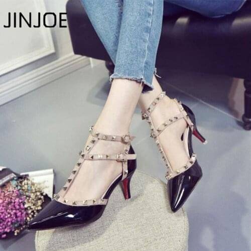 JINJOE New style shoes Woman Summer Solid color Sandals High-heeled shoe Pointed toe Sexy Buckle Strap Rivet single shoes 6.5cm