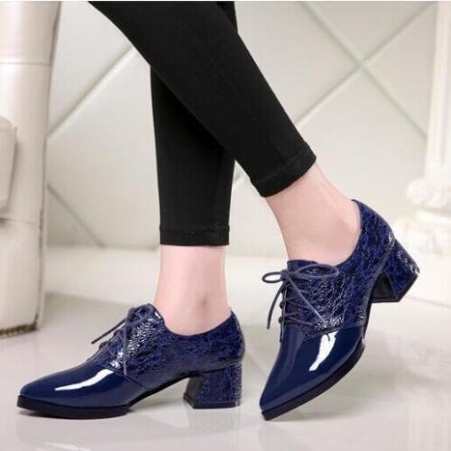 PXELENA Women Chunky Block Thick Heel Pumps Fashion Lace Up Pointed Toe Spring Fall Shoes Blue Wine Red Black Patent Leather