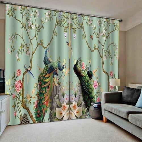 Peacock curtain green curtains flower and birds curtain 3D Curtain Printing Blockout Polyester Photo Drapes Fabric For Room