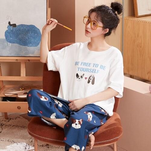 Female Cartoon Sleepwear 2021 New Summer Short Sleeve Top + Shorts Fashion Korean Plus Size White Cotton Pajamas Sets For Women