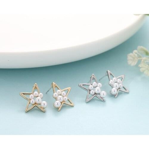 Personality Hollow Open Star Earrings for Women Mujer Gold Color Metal Geometric Imitation Pearl Stud Earrings Statement Brincos