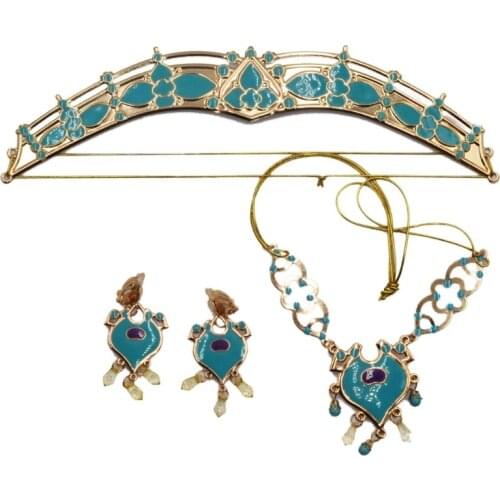 Women Jasmine Royal Crown Headband Earrings Pendant Necklace Jewelry Set Teal Dress Up Princess Adults Kids Costume Kit