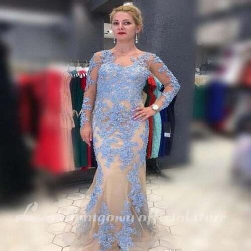 Plus Size Mermaid Mother Of Bride Dresses Blue Lace Appliques Illusion Log Sleeves Women Evening Gowns Tulle Mermaid Party dres