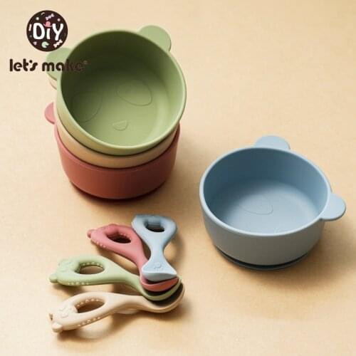 Lets Make 2pcs Silicone Feeding Bowl BPA Free Cartoon Bear Spoon Kids Dishes Baby Eating Tableware Set Anti-hot Training Plate
