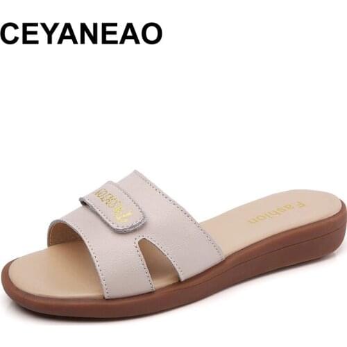 CEYANEAO women split leather slippers summer Sandals Fashion Out Breathable Beach Slippers Ladies casual flat babouche Shoes