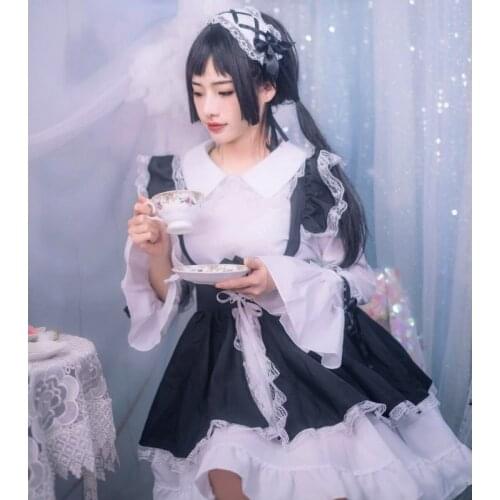 Black and White Lolita Dress Gothic Maid Outfit Apron Dress Anime Cosplay Costume Women Long Dresses Halloween Costumes