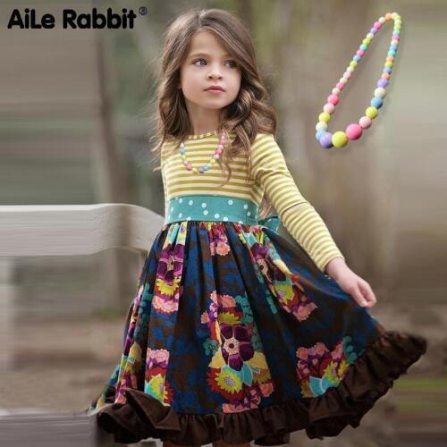 2019 NEW INS Girls Fashion Dress Floral Pastoral Style Striped Long-sleeved Dress England Sweet Princess For 3-12 Year Girl