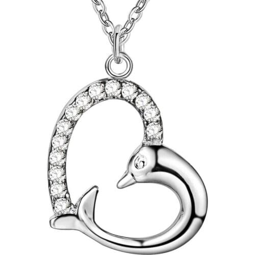 Hot Silver color heart-shaped dolphin pendant necklace with zircon lovely fashion jewelry engagement gift for woman AN172