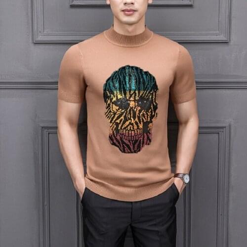 Luxury New Oversized Camouflage Skull Mens High Quality T-Shirt Street Sweater Hot Rhinestone Knit Short Sleeve