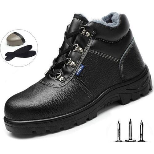 Mens Outdoor Training Shoes Winter Plus Velvet Warm Boots Leather Labor Insurance Shoes Work Protective Shoes Safety Boots Men