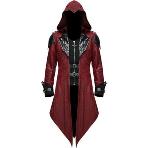 Men Plus Size Steampunk Gothic Tuxedo Trench Coat Turn-Down Collar Hooded Leather Dovetail Jacket Assassin Costume Halloween