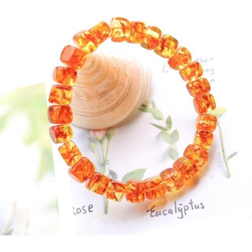 Natural Piebald Amber Yellow Red Cube Beads Bracelet 8mm Cube Amber Women Men Healing Stretch Jewelry AAAAA