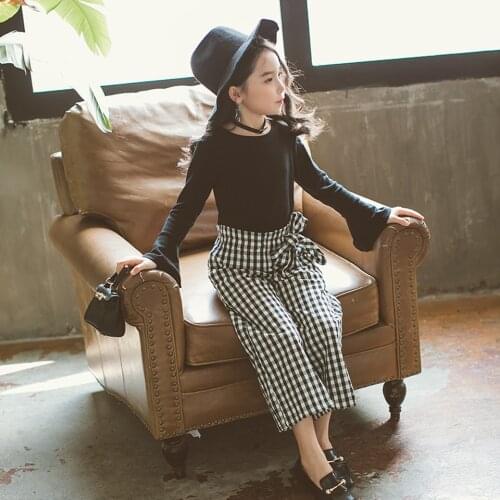 5 6 7 8 9 10 11 12 Years Autumn Girls Clothes Sets Back to School Uniform Costume 2019 Black Blouses +Plaid Pants Clothing Sets
