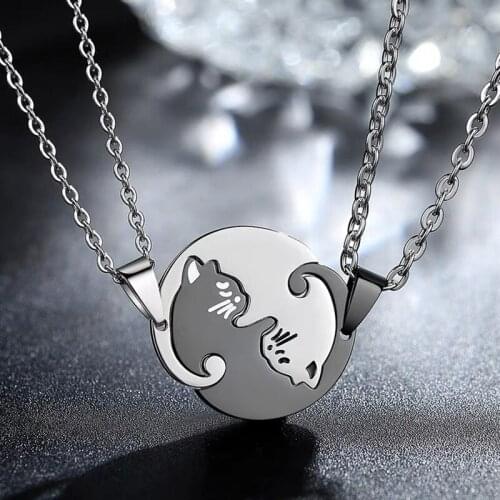 Cat Couple Necklaces For Lovers Stainless Steel Kitten Animal Pendant Choker Necklace Friendship Jewelry Valentines Day Gift