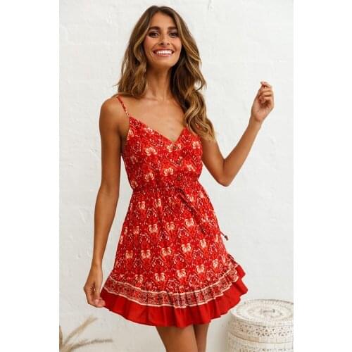 Females Prin Dresses Women Dresses Beach Holiday Sexy Strapless V-neck Print Dress Knee-Length Beachwear Girl Dress Sundress