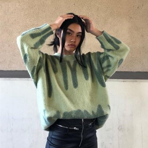 Elegant Green Striped Print Oversized Pullovers Women Winter O-Neck Loose Long Sweaters Streetwear Warm Outerwear 2021
