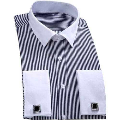 Fashion Mens Office Social Shirt French Cuff Long Sleeve Cotton Formal Business Shirt Top with Cufflinks Thick Work Shirts