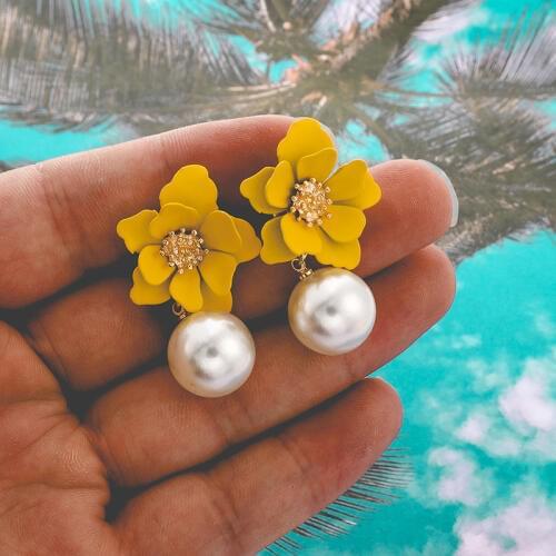 Fashion Pearl Drop Dangle Earrings paint Flower Enamel Golden Sweet Jewelry Vintage Statement Earings For Girls Women Gifts
