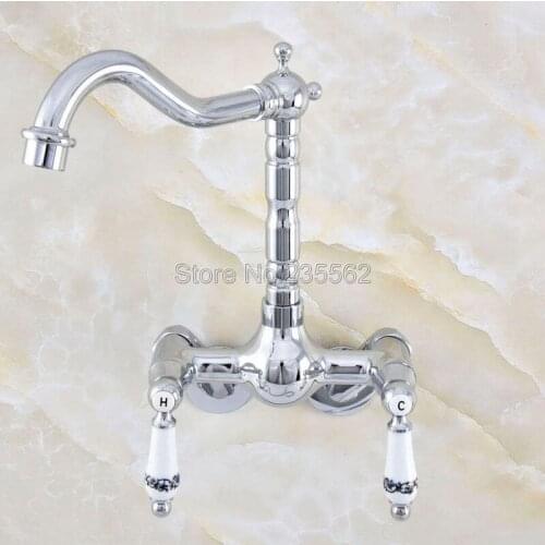 Polished Chrome Brass Wall Mounted Double Ceramic Handles Bathroom Kitchen Sink Faucet Mixer Tap Swivel Spout Lqg201