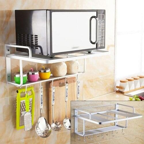 Microwave Oven Rack, 2 Tier Wall Mount Aluminum Bracket Kitchen Counter Shelf Organizer Kitchen Bracket with Removable Hooks
