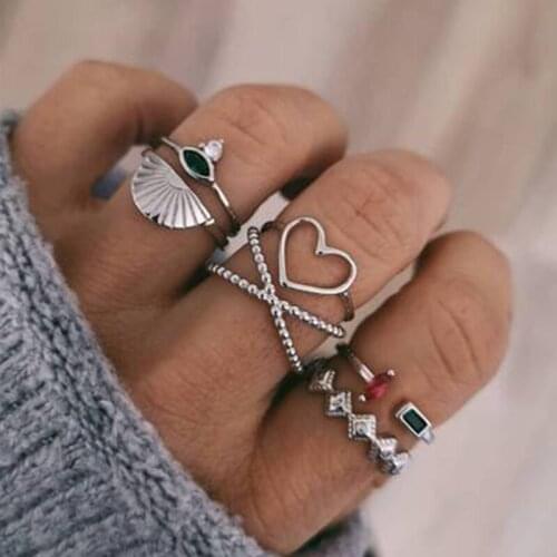 Tocona 6Pcs/Set Heart Shell Cross Multilayer Silver Color Rings for Women Jewelry Simple Vintage Crystal Joint Finger Ring 14406