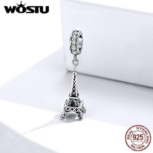 WOSTU Authentic 925 Sterling Silver Eiffel Tower Charms Zircon Openwork Beads Fit Original Bracelet Pendant Jewelry FNC154