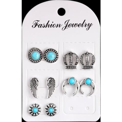 Fashion Womens Jewelry Wholesale Girls Tibetan Silver Earrings Set 5 pairs Blue Stone Earrings Free Shipping Ear Jewelry