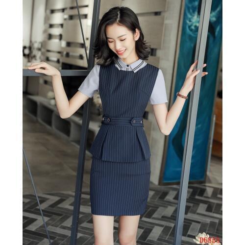 Summer Fashion Women Skirt Suits Navy Blue Striped Waistcoat and Vest Set Work Wear Office Ladies Business Clothes