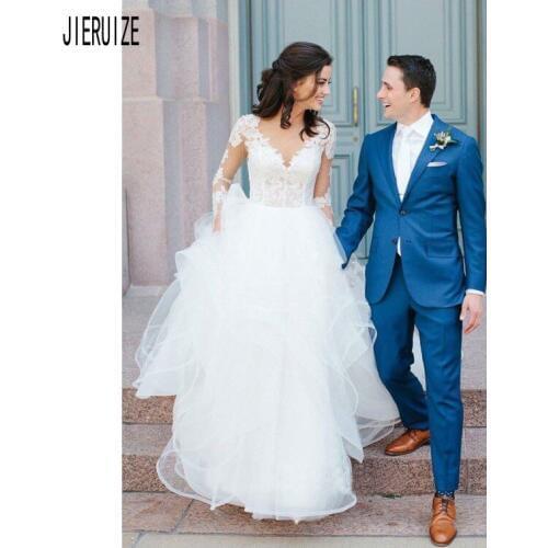 JIERUIZE White Organza Lace Appliques Wedding Dresses Long Sleeve V Neckline Tiered Ruffles Bridal Gown vestidos de novia