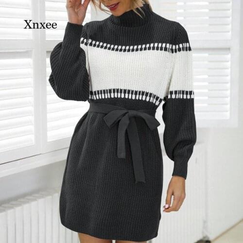 Women Knitting Mini Pencil Dress for Autumn Turtleneck Lantern Sleeve Patchwork Belt Bodycon Sweater Pullover Casual Slim Robe