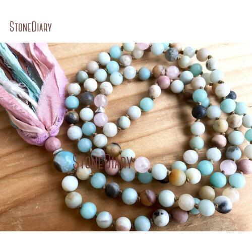 108 Amazonite Mala Beads Rose Quartzs Rhodonite Healing Heart Chakra Mala Sari Tassel Necklace Yoga Meditation Beads NM11093
