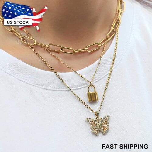 3pcs/Set Lock Butterfly Pendant Necklace Gold Color Stainless Steel Rolo Box Curb Link Chain Choker Jewelry Gifts LDN195A