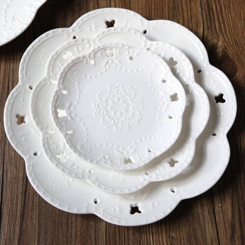 6-8"Butterfly Flower Hollow Ceramic Plate European Relief Lace Salad Plate Cake Plate Pizza Plate