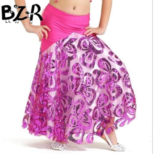 BAZZERY 135-150cm Children Five Flower-shaped Sequin Dance Skirt Belly Dance High-end Skirt Children Dance Fish Tail Dance Skirt