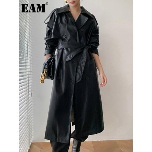 [EAM] Women Black PU Leather Long Trench New Lapel Long Sleeve Loose Fit Windbreaker Fashion Tide Autumn Winter 2021 1DD0738