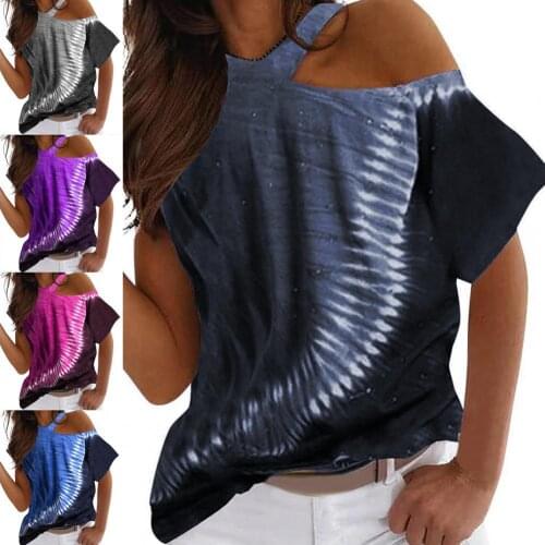 Summer Irregular Short Sleeve Women T-shirt Tie Dye Print Thin O Neck Off Shoulder Summer Top Streetwear Leakage Fashion Loose