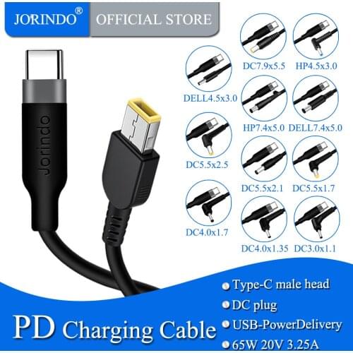 JORINDO Type-C male plug to DC Laptop PD tricks fast charging line,PD to DC Portable Laptop power adapter,65W,Various DC sizes