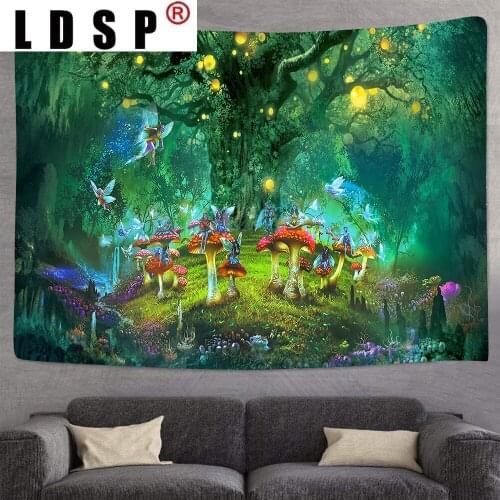 LDSP Fantasy Dreamlike Mushroom Forest Castle Tapestry Fairytale Trippy Colorful Butterfly Wall Hanging Tapestry Home Decor