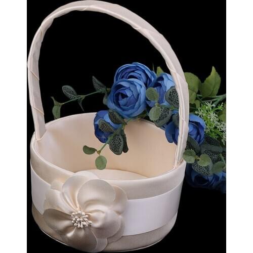 MagiDeal Champagne Satin Floral Bud Flower Design Round Flower Girl Basket Bridal Bridesmaid Basket Wedding Party Petals Decor