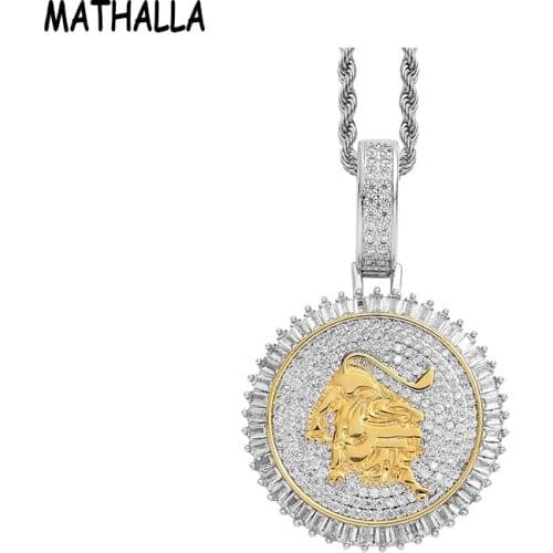 MATHALLA Hiphop Paved CZ Disc Cow Pendant Necklace Mens Brass Jewelry Iced Out Cubic Zircon Round Shaped Pendant with Gold Bull