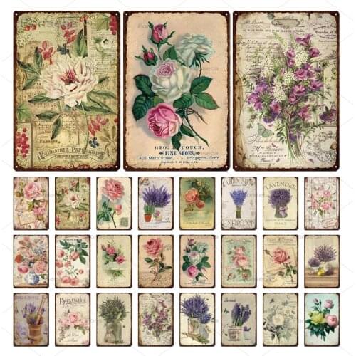 Flower Metal Poster Plaque Vintage Pink Rose Purple Lavender Metal Sign Tin Sign Wall Decor for Barn Room Kitchen Iron Painting