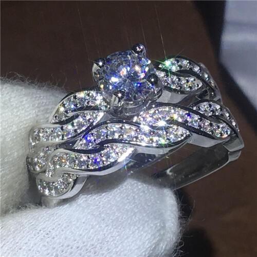 Sparkling Lovers Cross ring set White Gold Filled Engagement wedding band rings for women men AAAAA zircon crystal Bijoux