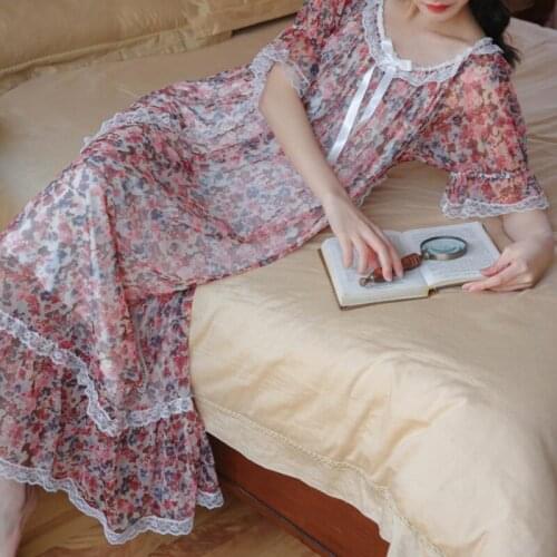 Floral Print Night Dress Women Modal Mesh Lace Long Peignoir Princess Sleepwear Romantic Nightgowns Vintage Victorian Nightie