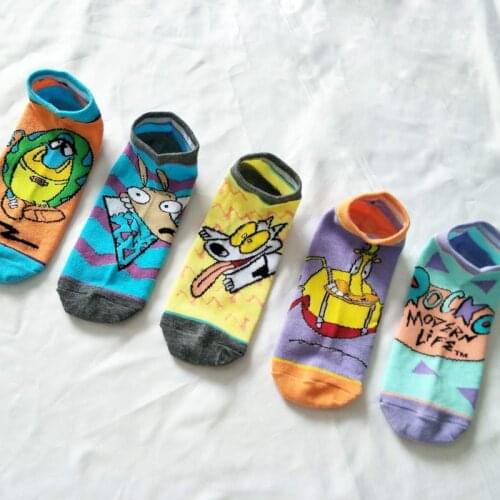 Anime Woman Socks Rockos Modern Life Sock Kawaii Dog Cartoon Ankle Girl Happy Short Casual Summer Lady Cute Couple Cotton Short