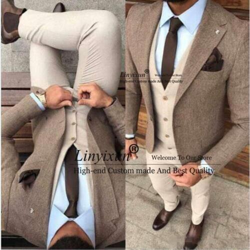 New Fashion Winter Tweed Man Business Suits Groom Tuxedos Slim Fits Men Prom Party Suits Coat Trousers Sets (Jacket+Vest+Pant)