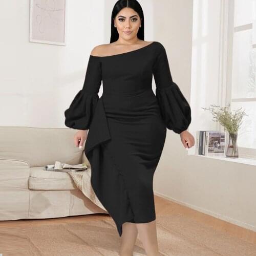 Plus Size Bodycon Dresses Lantern Long Sleeve Off Shoulder Ruffle Mid-Calf Black Dinner Evening Club Ladies Large Size Dress