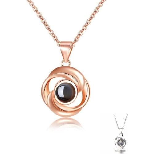 SILVERHOO 925 Sterling Silver Rose Flower Pendant Necklaces Women Trendy Projection 100 Languages LOVE Necklace Handmade Jewelry