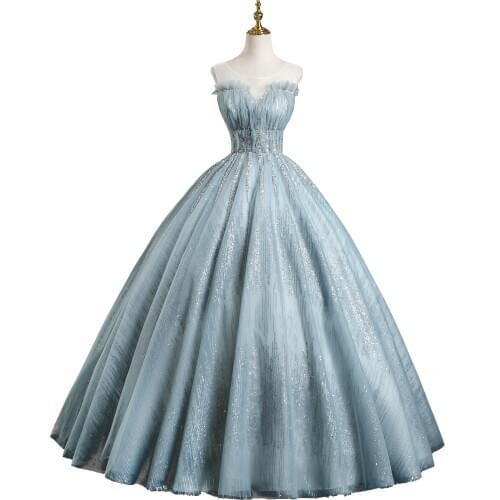 Luxury light blue beading waist ruffled dress gown princess medieval long dress Renaissance gown queen Victoria